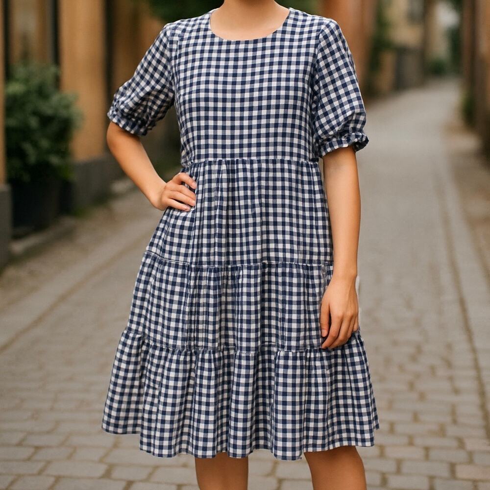 Draper James Women's Gingham Tiered Smocked Dress XL Navy Blue White - Picture 1 of 14
